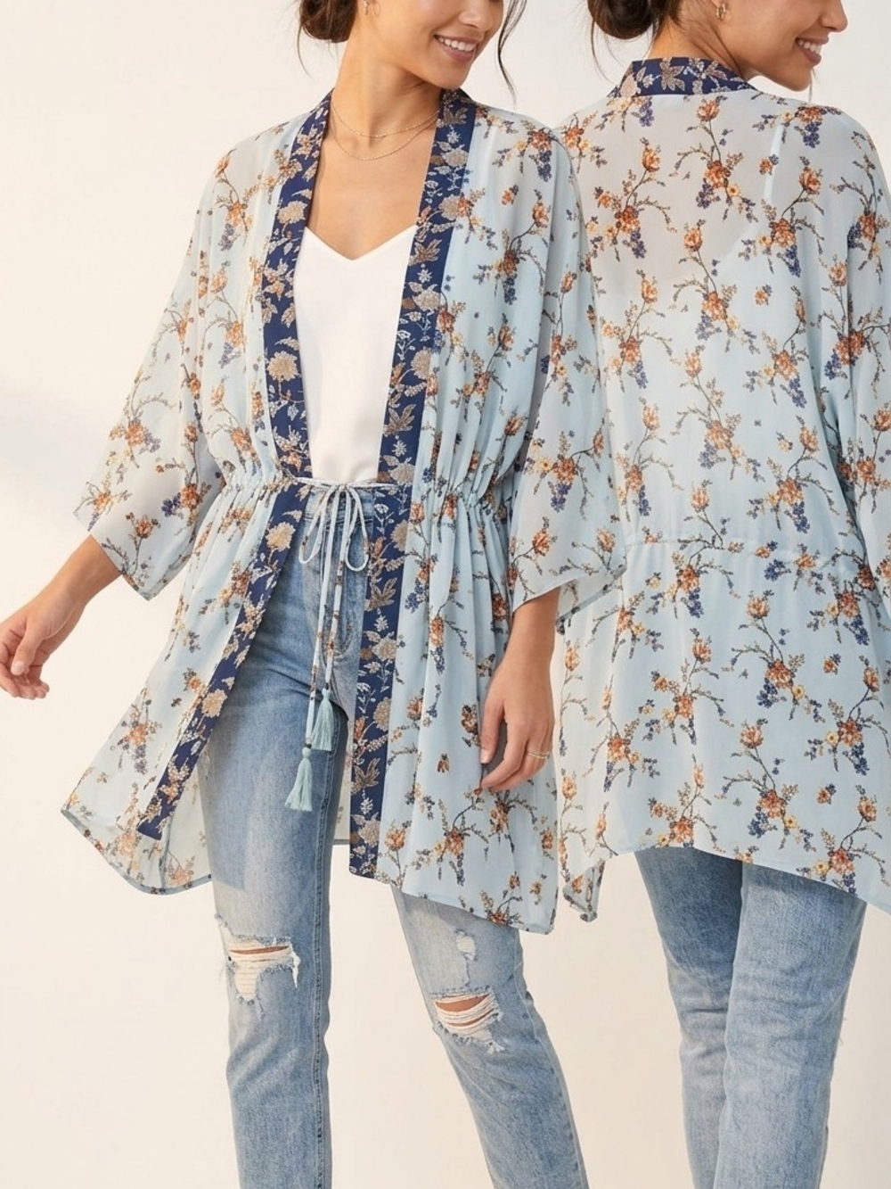 Floral Tie-Waist Kimono in Light Blue